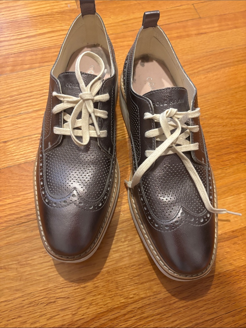 Cole Haan Silver Leather Wingtip Platform Oxfords with Cream Laces